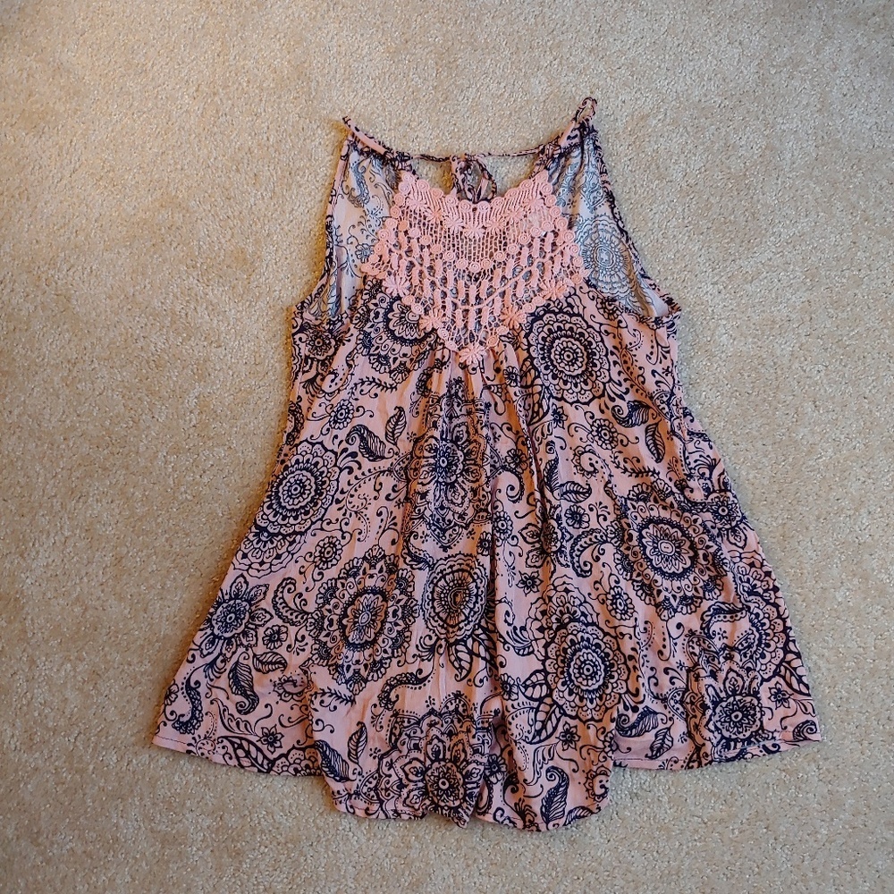 NWOT Touch blue pink tank top with lace design